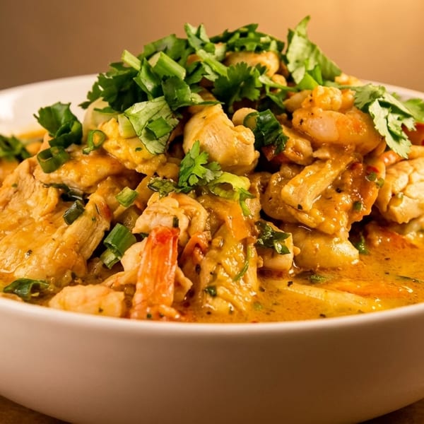 Close-up of a white bowl filled with a rich, orange-colored stew, topped with fresh green herbs.