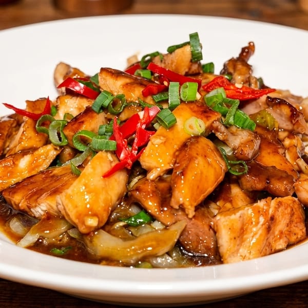 Teriyaki chicken with sliced red chilies and green onions in a white bowl on a wooden table.
