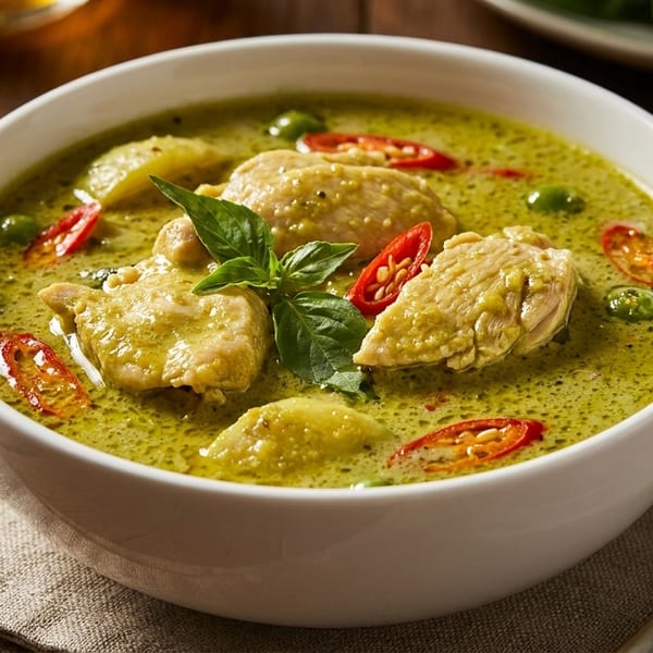 Green curry with chicken, red chilies, and basil in a white bowl on a wooden table.