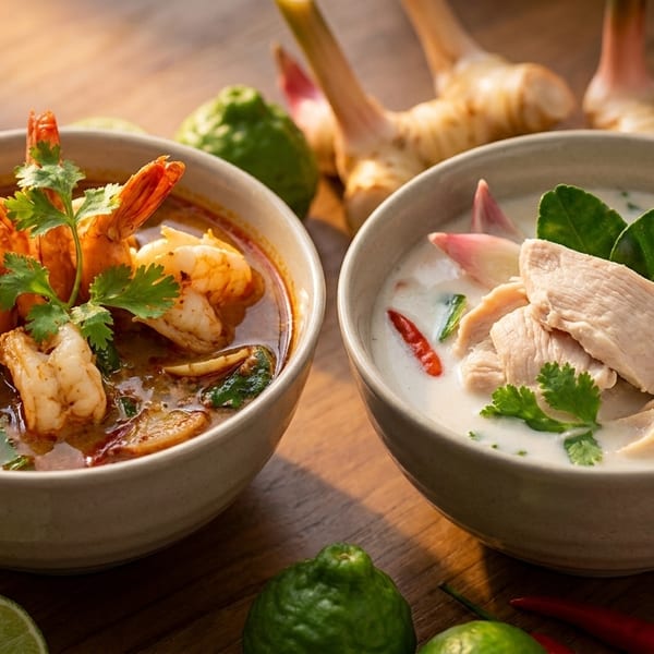 Two bowls of Thai soup, one with shrimp and the other with chicken, on a wooden table.