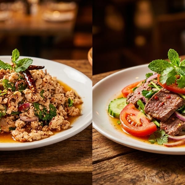 Two plates of Thai cuisine: a minced chicken larb salad and a spicy beef salad.