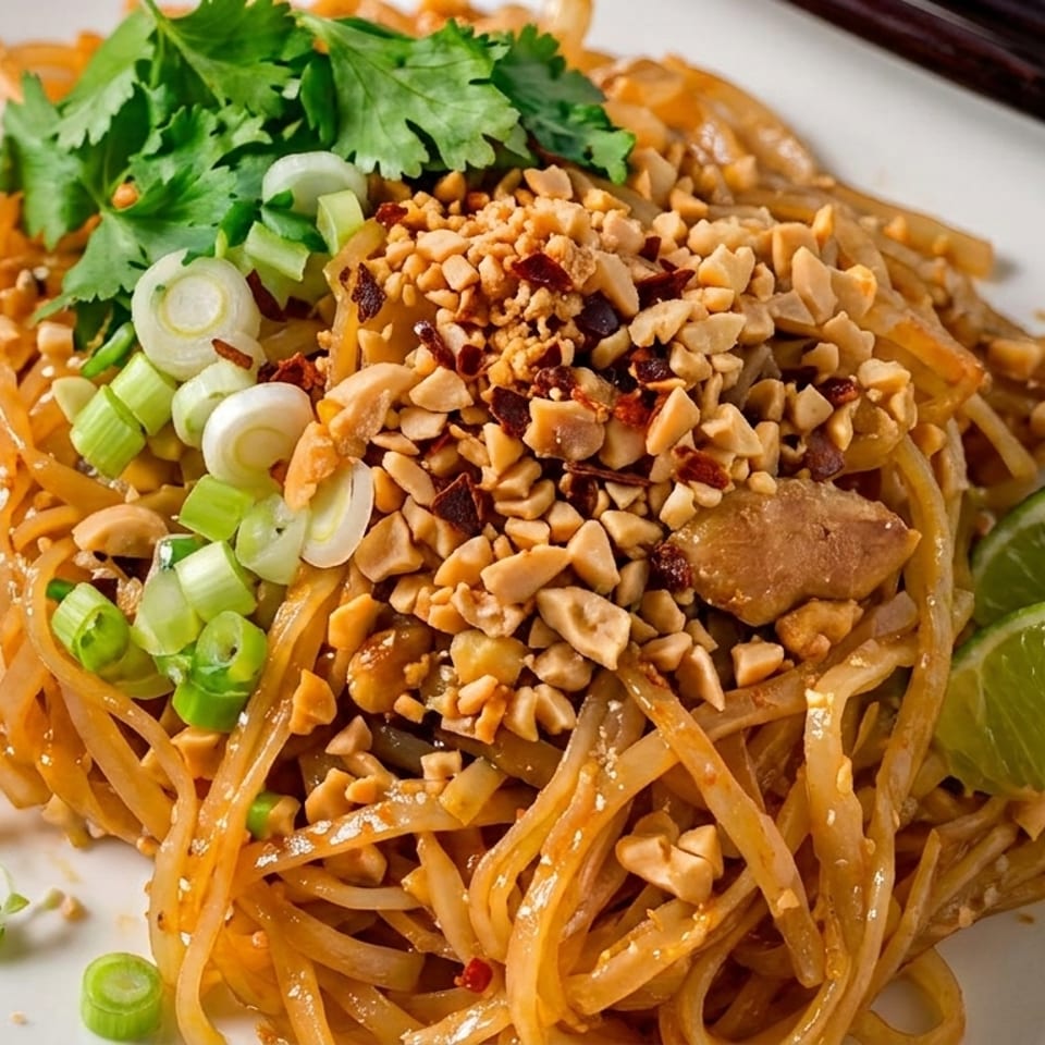 Pad Thai noodles with peanuts, green onions, cilantro, and lime wedges on a white plate.